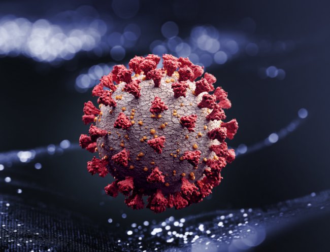 Imagem em 3D de célula de coronavírus flutuando dentro de corpo humano