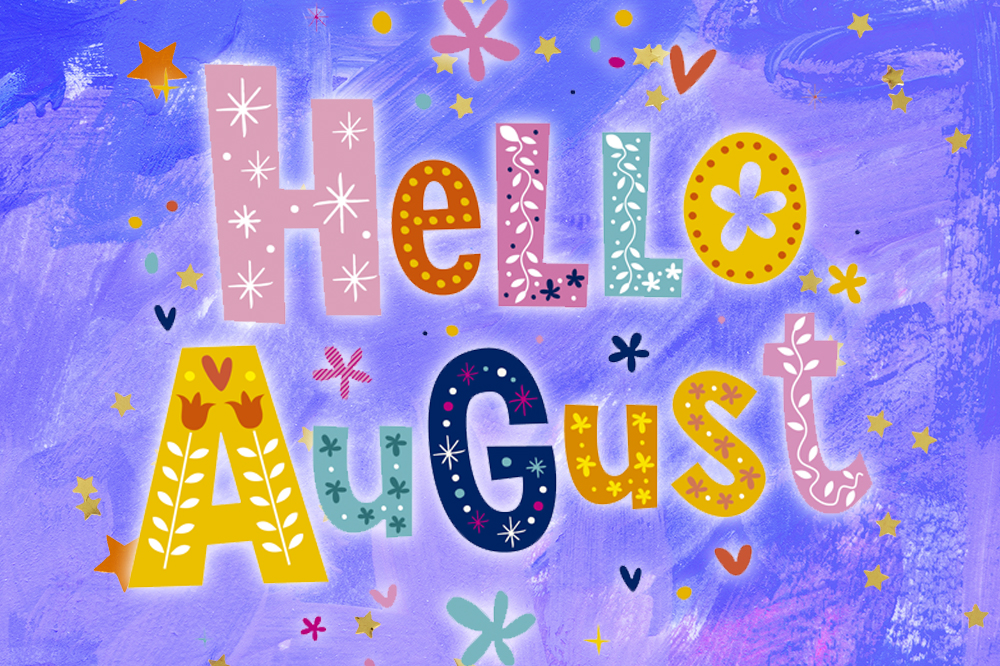 Ilustração da frase: "Hello August". As letras são coloridas.