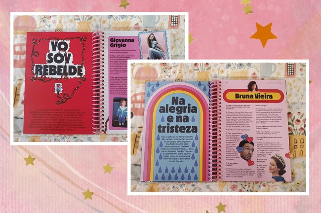 Duas imagens do Almanaque Tudum Netflix com entrevistas de Gigi Grigio por Rebelde e Bruna Vieira por De Volta aos 15 em um fundo de textura rosa com estrelas amarelas
