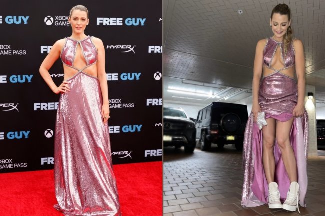Montagem com duas fotos da atriz Blake Lively. Na primeira foto ela está com o vestido rosa usado no tapete vermelho da premiere do filme 