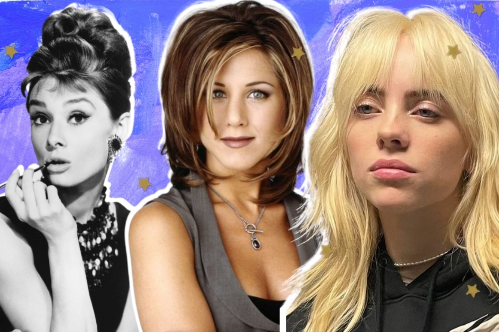 Montagem com Andrey Hepburn, Rachel Green, de Friends e Billie Eilish em fundo azul com sombra branca.
