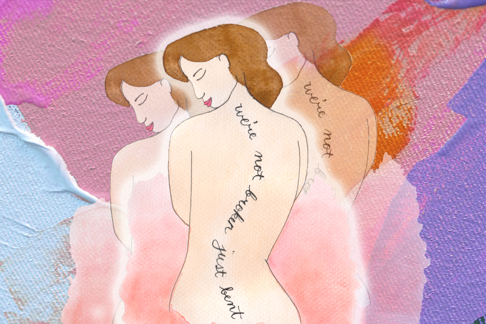 Ilustração de uma mulher de costas. No lugar da coluna com escoliose, os dizeres: "Estou curvada, não quebrada"