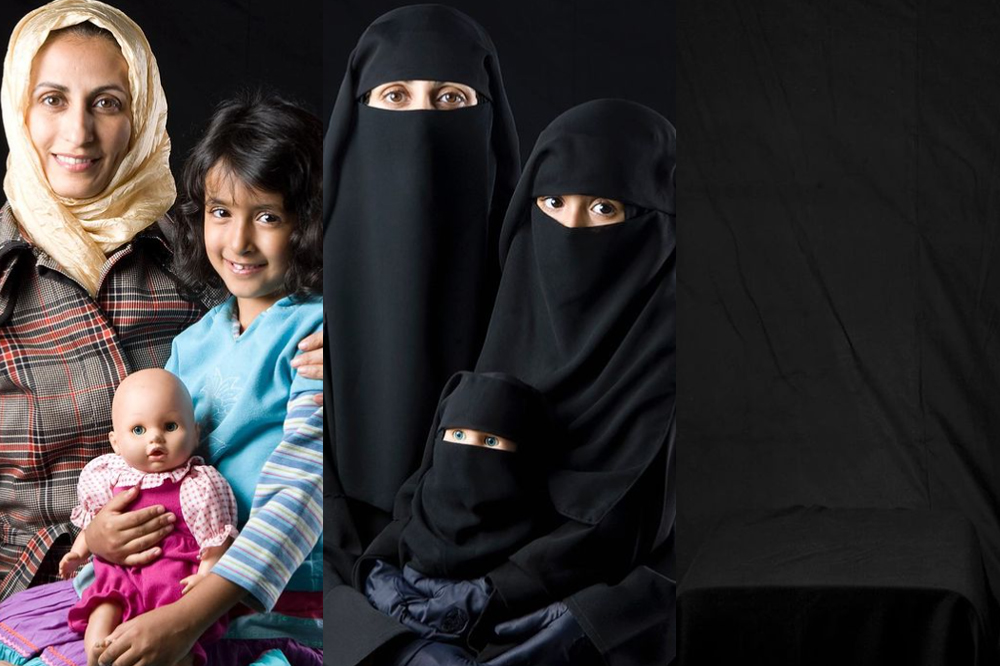 Sequência de fotos de uma mãe, uma filha e uma boneca com hijabs, burcas e depois "camufladas" ao fundo preto, como se tivessem desaparecido