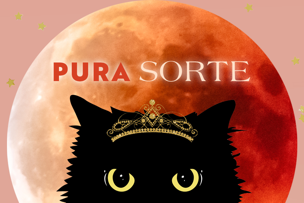 Ilustração de um gato preto usando uma coroa de princesa sobre uma lua cheia avermelhada. Sobre ele, aparece o escrito "pura sorte"