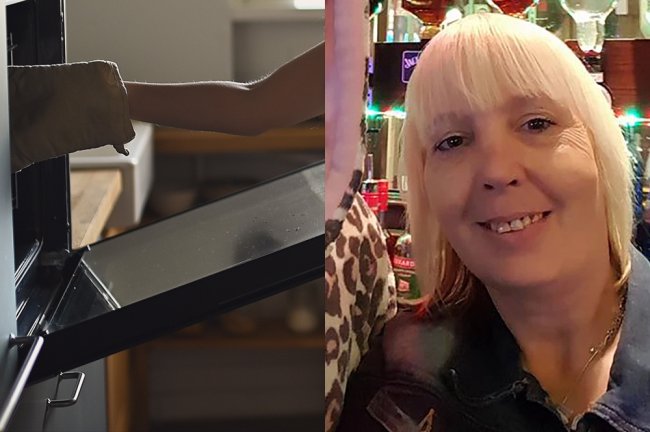 À esquerda, foto de uma mulher, usando uma camisola, tirando algo do forno à noite. À direita, foto de uma senhora loira, de seus 50 anos, sorrindo em um bar. O cabelo é chanel e ela usa franja