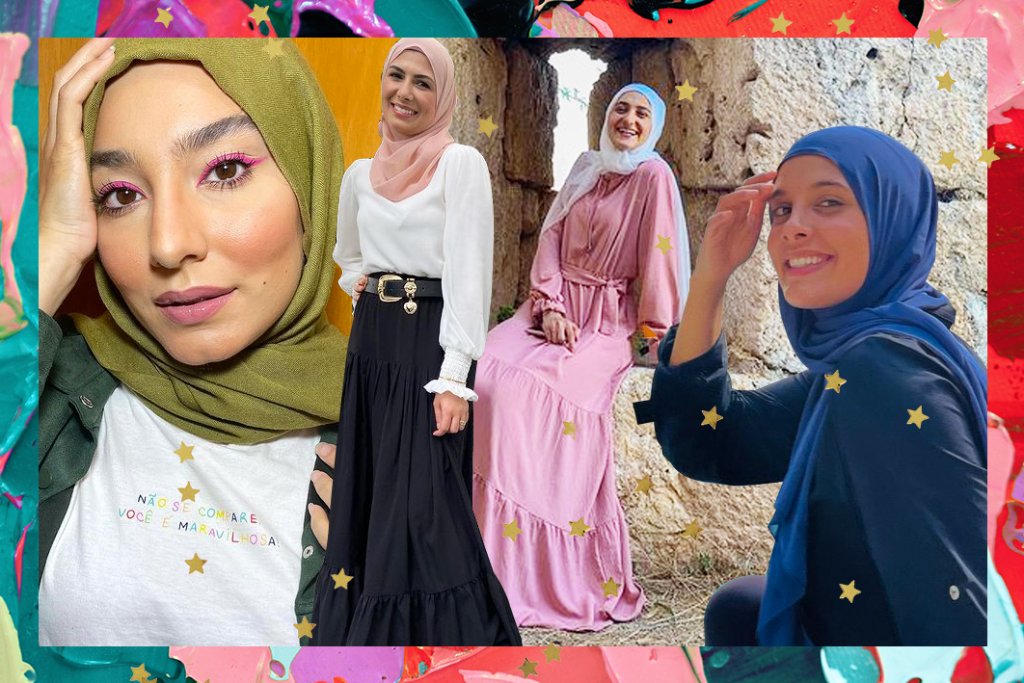 Colagem de mulheres muçulmanas usando o hijab, véu que deixa apenas o rosto e as mãos à mostra. Todas estão sorrindo.