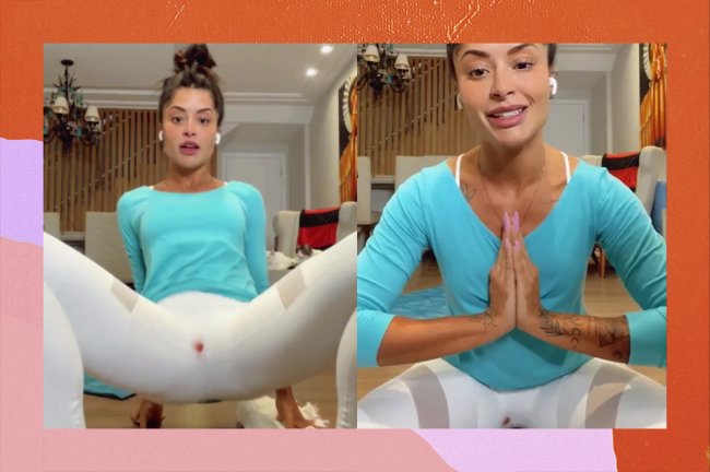 Prints da live da Aline Riscado em que ela menstruou ao vivo. Ela aparece com as pernas abertas e a legging branca tem uma mancha de sangue