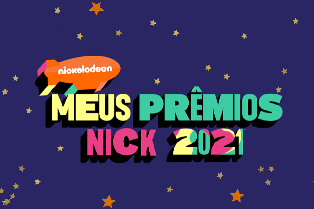 Banner dos Meus Prêmios Nick 2021 escrito em amarelo, vede e rosa com o logo da Nickelodeon em laranja; o fundo é roxo com estrelas amarelas e laranjas