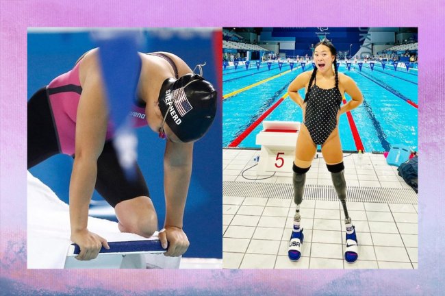 Fotos de Haven Shepherd, atleta paralímpica que teve as pernas amputadas após tragédia com bomba. Ela aparece prestes a mergulha na piscina, na foto à esquerda, e em frente à piscina, em pé, com próteses, à direita