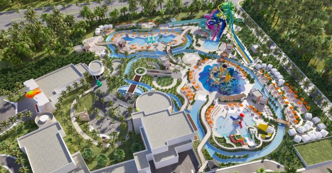 Imagem aérea do parque aquático da Nickelodeon, com várias piscinas e vários toboáguas