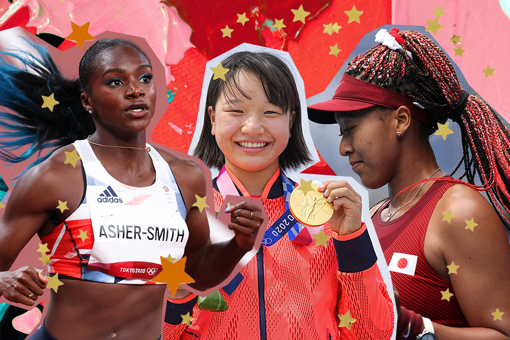 As atletas Dina Asher-Smith, Momiji Nishiya e Naomi Osaka nas Olimpíadas de Tóquio. O fundo da montagem possui tintas em tons de vermelho e rosa, além de estrelinhas douradas e laranjas.