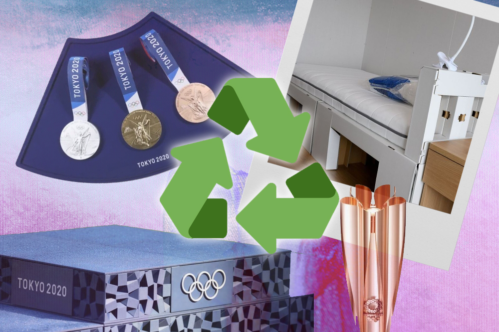 Imagens com itens de Toquio 2020: pódio, medalhas, camas e a tocha olímpica