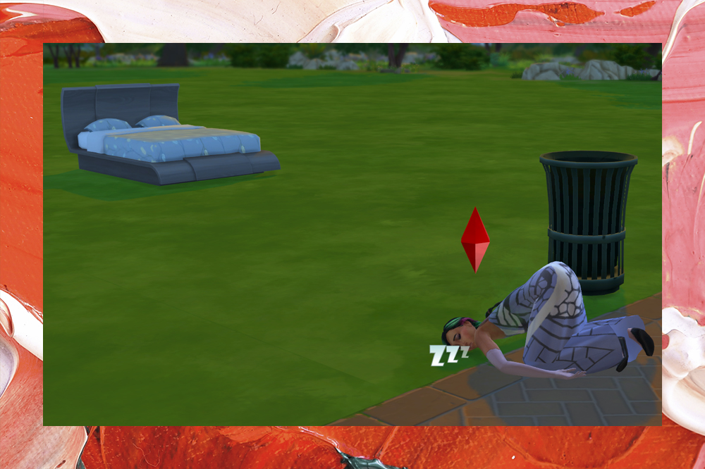 Imagem do The Sims, da personagem dormindo no chão, antes de chegar até a cama, porque a barra de energia ficou no vermelho