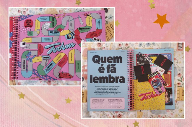 Duas imagens do Almanaque Tudum Netflix com conteúdos interativos como jogo de tabuleiro e jogo da memória em um fundo de textura rosa com estrelas amarelas como decoração