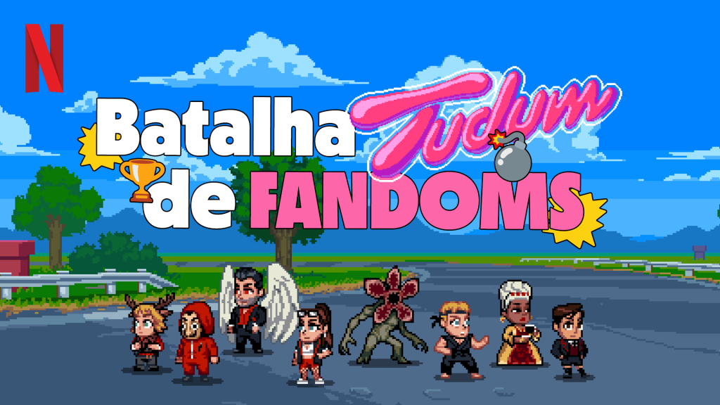 Arte de divulgação da Batalha de Fandoms Tudum, promovida pela Netflix Brasil. Ela imita um jogo antigo de videogame, com personagem pixelados numa disputa à la desenho Corrida Maluca