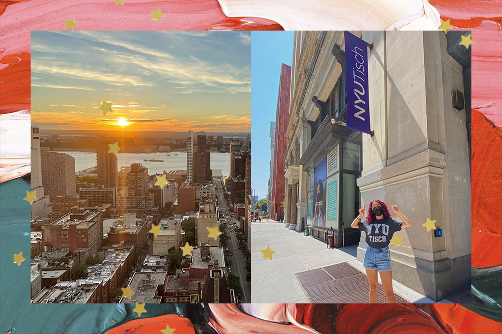 Colagem com duas fotos de Nova Iorque. Na primeira, é possível ver a vista dos prédios da cidade. Na segunda, uma menina posando em frente a uma rua da cidade.