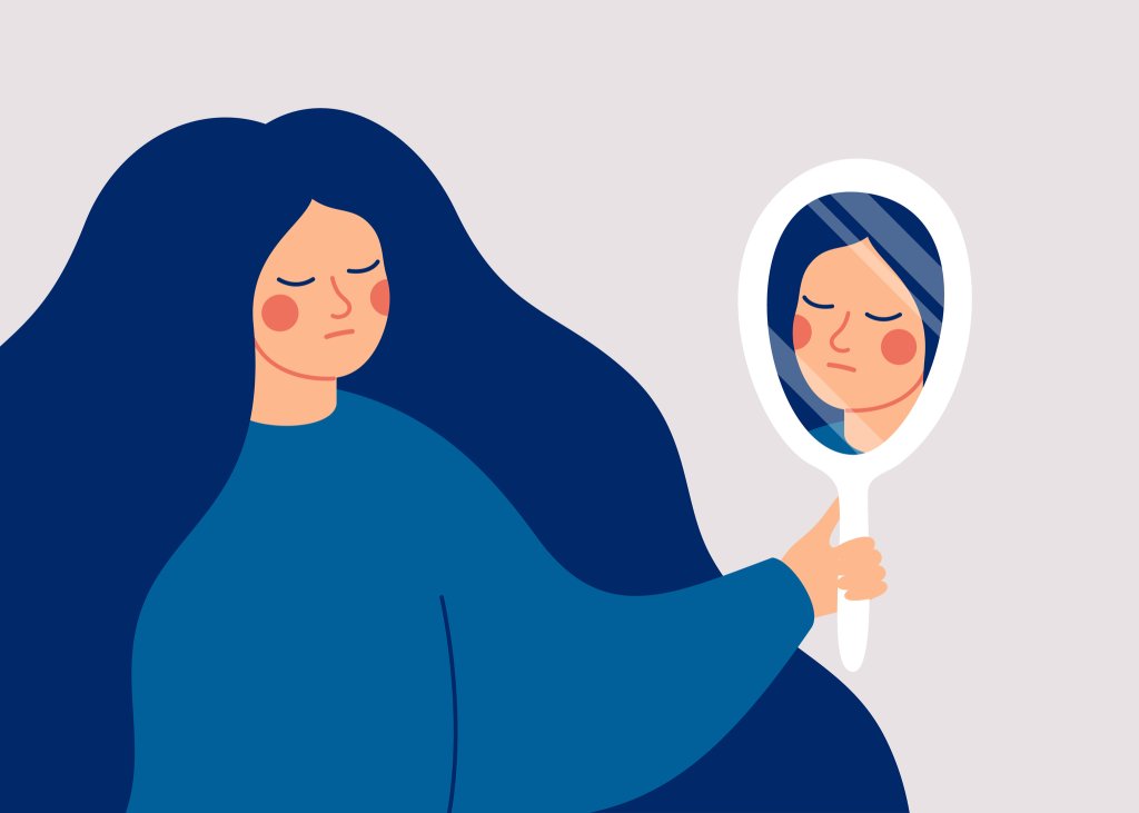 Ilustração de uma mulher se olhando em um espelho de mão, redondo. Ela não está muito feliz.
