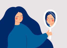 Ilustração de uma mulher se olhando em um espelho de mão, redondo. Ela não está muito feliz.