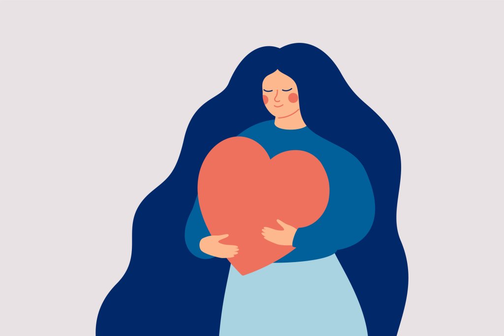 Ilustração de uma garota segurando junto ao peito um coração enorme. Ela está em paz.