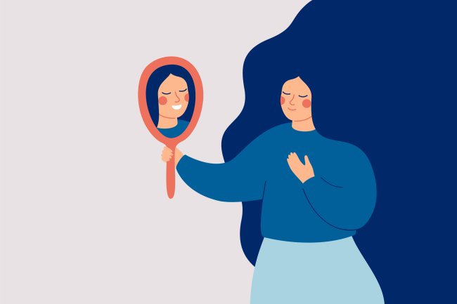 Ilustração de uma mulher olhando no espelho e recebendo um sorrido de seu reflexo