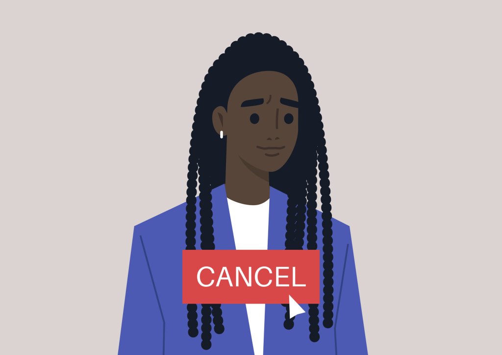 Ilustração de uma mulher negra sendo prestes a ser cancelada