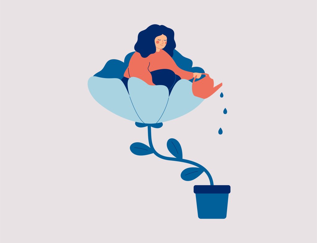 Ilustração de uma mulher dentro de uma flor, regando o balde de planta em que está florescendo