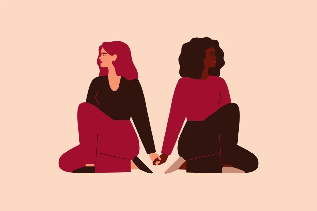 Ilustração de duas mulheres sentadas no chão, uma de costas para a outra, mas com as mãos dadas