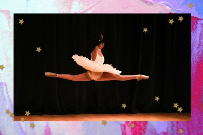 Foto com borda colorida ao redor de uma imagem de uma bailarina saltando.