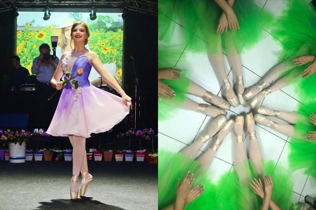 Sabia que o ballet é usado por atletas de vários esportes, como do basquete? Fotos da Antonela, da Galera CAPRICHO, vestida de bailarina. À esquerda, ela se apresenta em sua festa de 15 anos. À direita, a imagem de várias pernas unidas, todas com pés vestindo sapatilhas de ponta
