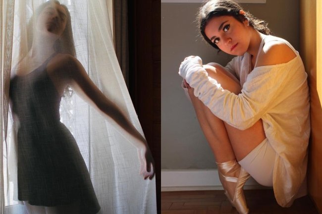 Fotos da Sofia, integrante da Galera CAPRICHO, posando com roupas de ballet. À esquerda, sua silhueta aparece atrás de uma cortina. À direita, ela está agachada, com sapatilhas de ponta segurando seu corpo