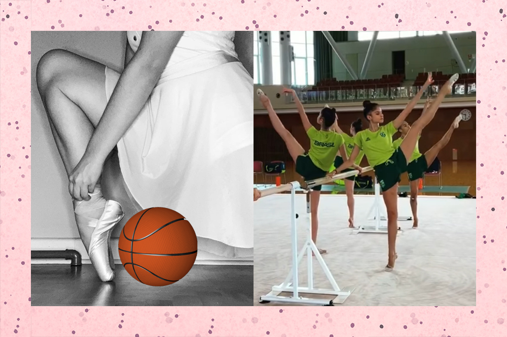 Fotos de uma bailarina agachada, de uma bola de basquete e da Seleção Brasileira de ginástica fazendo ballet em Tóquio 2020