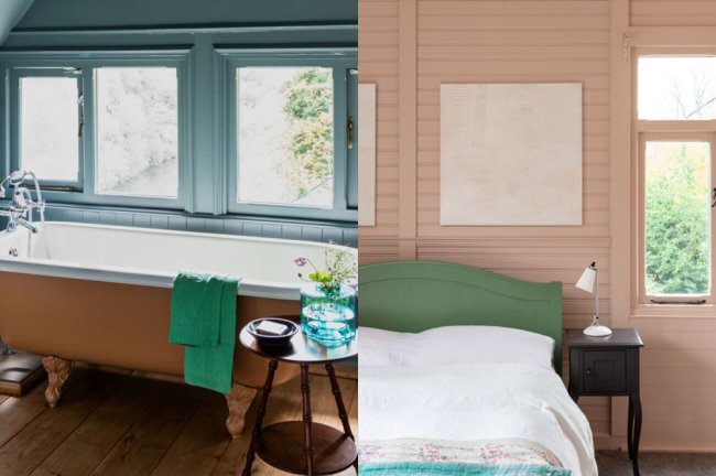 Saiba como se hospedar na casa do Otis e no trailer de Maeve, de Sex Education Foto de um banheiro com uma janela enorme e uma banheira rosé, e de um quarto feito em madeira, pintado de branco e com uma cama aconchegante