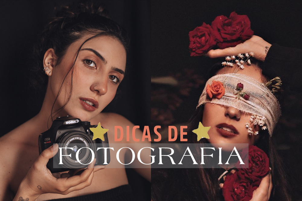 Fotos da fotógrafa Nicole Assis. À esquerda, ela aparece fazendo carão, segurando uma câmera nas mãos. À direita, um ensaio conceitual mostra Nicole com flores e uma gaze tampando os olhos