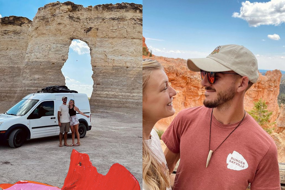 Montagem com fotos da viagem de Gabby Petito e Brian. À esquerda, eles estão na frente de uma van branca. À direita, um selfie em frente a canions