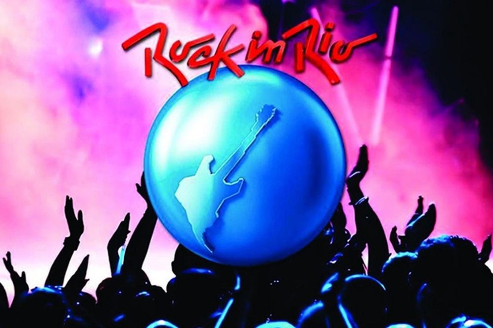 Foto promocional do Rock in Rio com imagem do público no show ao fundo e logo do festival