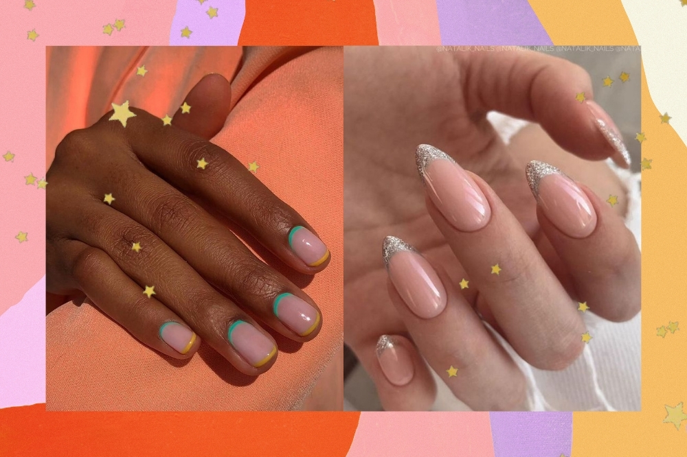 Montagem com o fundo colorido e detalhe de estrelinhas douradas com a foto de duas mãos com unhas decoradas. A foto da esquerda mostra uma mão com unhas curtas e francesinha invertida com um traço verde rente a cutícula e um amarelo na ponta das unhas. A foto da direita é de uma mão com as unhas longas e com francesinha com glitter na ponta das unhas.