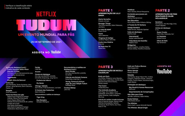 tudum netflix brasil Imagem da programação do TUDUM Netflix com as informações de horário do festival divididas por cada hora sendo três no total; no topo esquerdo o logo do evento se destaca com fundo preto com cores como azul, rosa, roxo e vermelho nas palavras