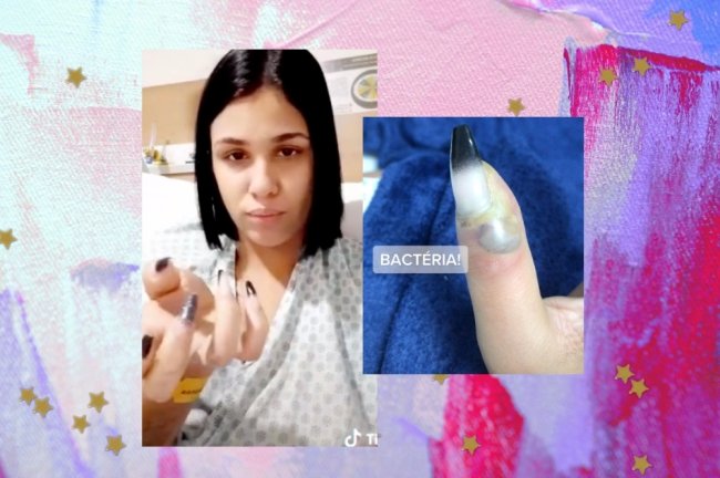 unha inflamada acrigel Prints de vídeos do TikTok onde Jenneffer conta seu relato, em uma imagem vemos a jovem com roupa de hospital e na outra o dedo inflamado.