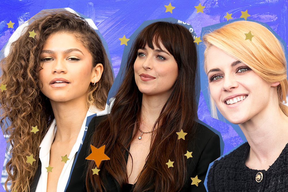 Os rostos de Zendaya, Dakota Johnson e Kristen Stewart no Festival Internacional de Cinema de Veneza. Montagem em fundo azul com estrelinhas douradas.