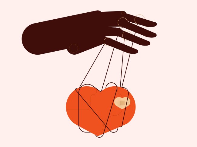 Ilustração de um coração preso a cordas e sendo controlado por uma mão, como se fosse uma marionete