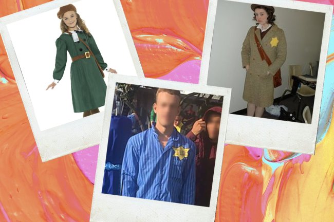 “Fantasias” que não são (mais) admissíveis serem usadas em festas Pessoas fantasias de Anne Frank e judeu no campo de concentração