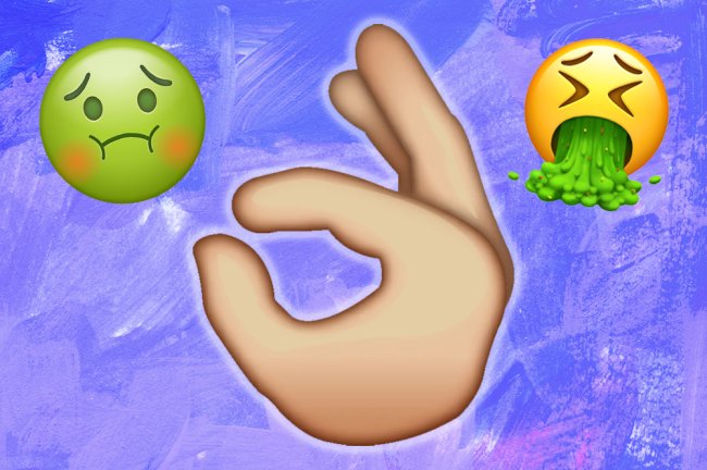 Montagem com o emoji de ok com as mãos ao centro. Ao lado dele, emojis de enjoo e vômito