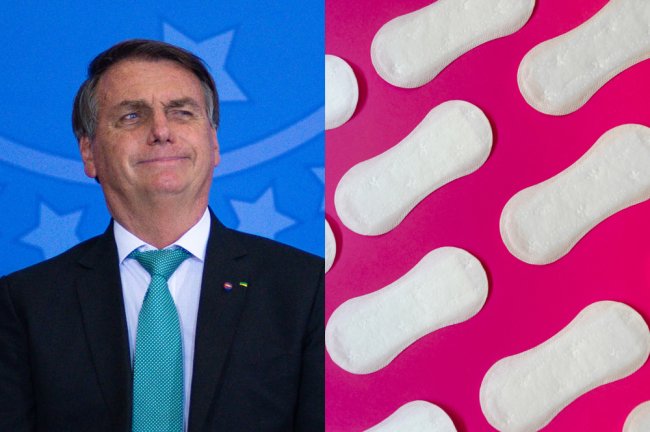 Montagem de fotos. À esquerda, uma imagem de Jair Bolsonaro com cara de desdém. À direita, uma imagem com vários absorventes externos