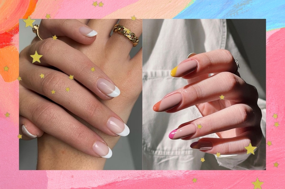 Montagem com duas fotos de mãos com bordas coloridas e detalhe de estrelinhas douradas. A foto da esquerda é de uma mão com nail art de francesinha básica e a foto da direita é uma mão com nail art de francesinha espanhola colorida.