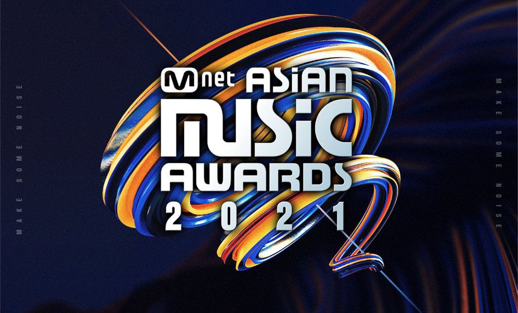 Foto do logo do Mnet Asian Music Awards 2021 em um fundo preto com linhas coloridas nas cores laranja, azul, vermelho e branco ao fundo de letras metalizadas na cor prata que dizem "Mnet Asian Music Awards 2021"