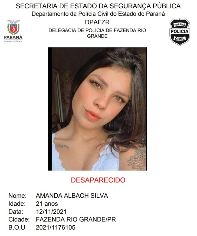 Cartaz de desaparecida de Amanda Albach, que não é vista desde o dia 12 de novembro