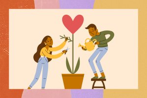 Ilustração de um casal regando uma plantinha, que na verdade é um coração vermelho. É uma metáfora para o amor. Tanto a mulher quanto o homem são morenos e têm cabelo castanho. Eles usam calça jeans e blusas de manga comprida.