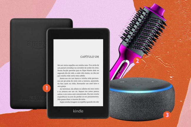 Black Friday: 20 eletrônicos e vinis que estão com desconto na Amazon Montagem de produtos na promoção na Amazon. Na foto, um kindle, uma escova secadora e uma Alexa