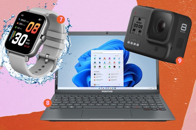 Montagem de produtos na promoção na Amazon. Na foto, um smart watch, um notebook e uma GoPro