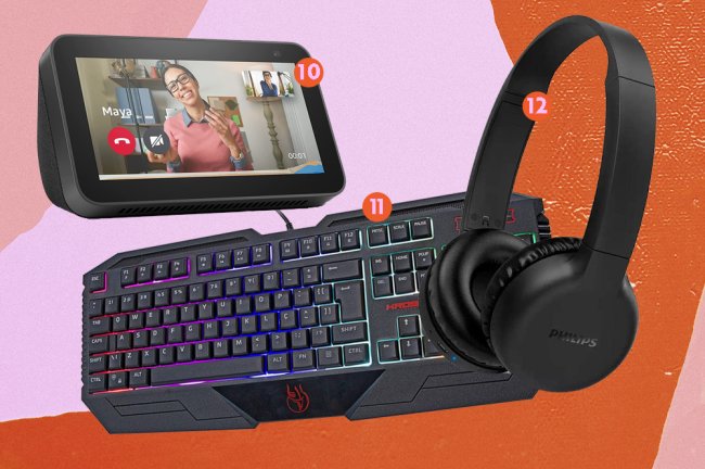 Montagem de produtos na promoção na Amazon. Na foto, uma Alexa, um teclado gamer e um fone de ouvido